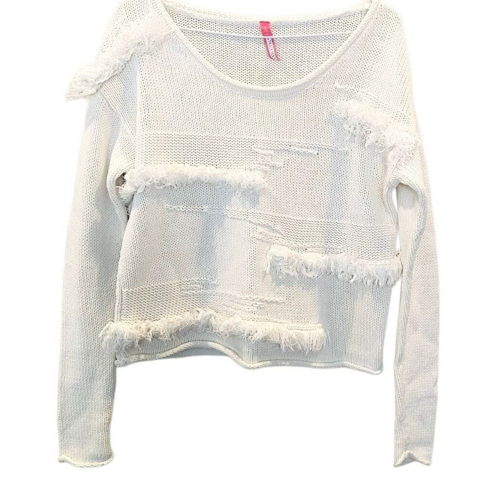 Plenty by Tracy Reese Scoop Neck Long Sleeve Jigsaw Fringe Sweater White Small